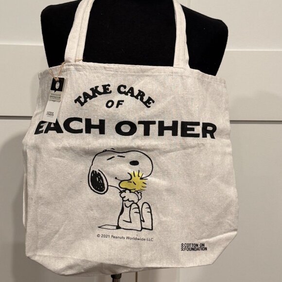NWT Peanuts Snoopy Woodstock Cotton Foundation Book Bag Take Care Each of Other - Picture 1 of 8